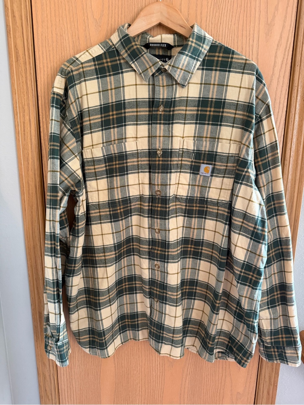 Carhartt Green Cream Rugged Flex Relaxed Fit Plaid Long Sleeve Men’s Size 2XL